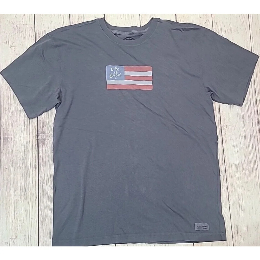 Life Is Good American Flag T-shirt Men's Medium Gray-Blue Short Sleeve Patriotic